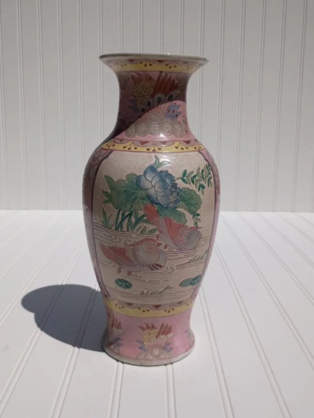 Vintage Pink Porcelain Vase Famille Rose Mandarin Ducks Lotus Flowers Chinese